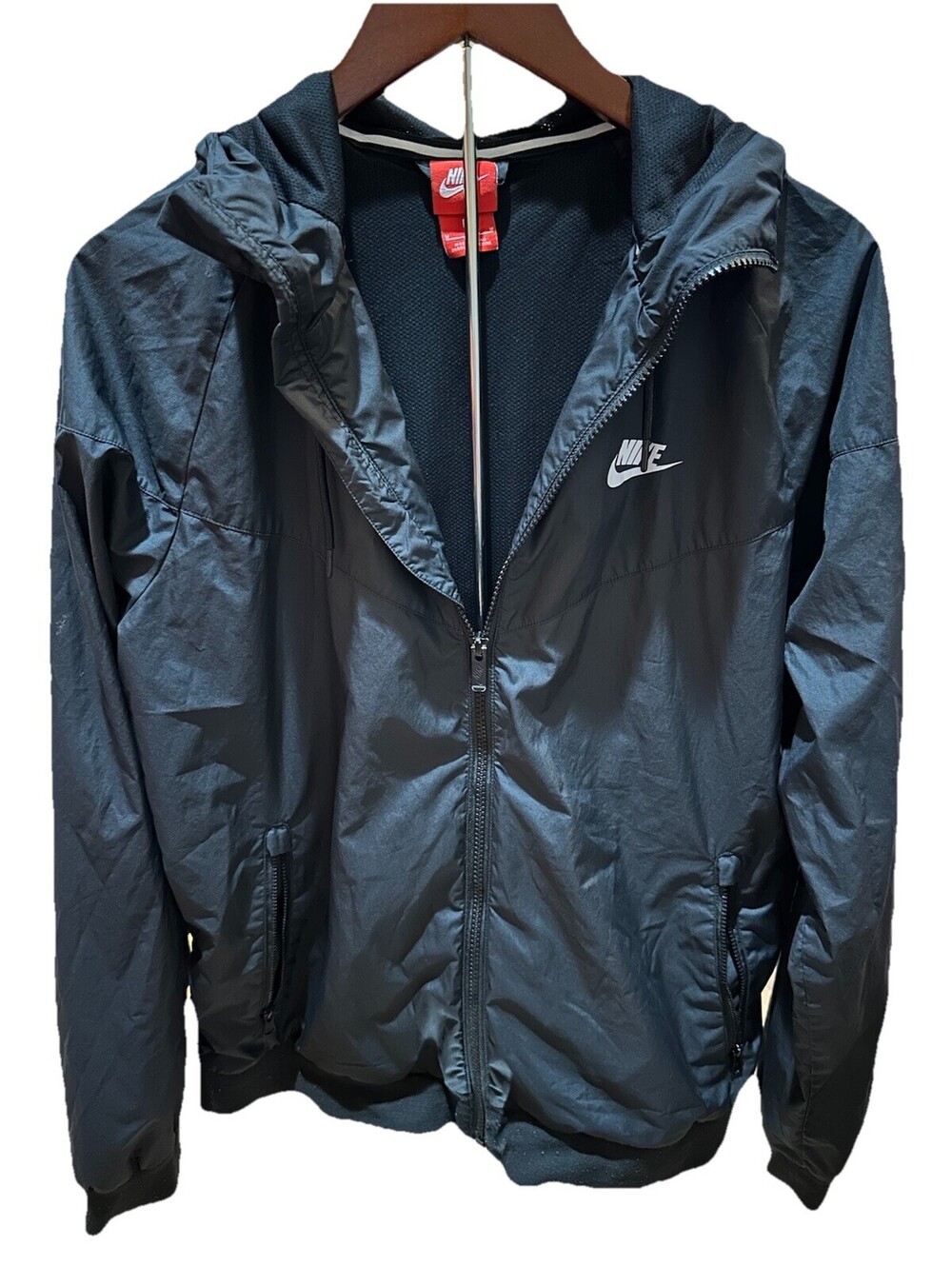 Nike Windbreaker Jacket Black Full Zip Hooded Lightweight Mens Medium